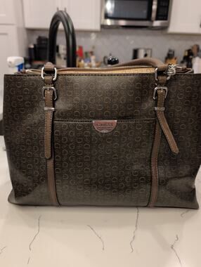 Guess Balzano Monogram Tote Bag Brown Logo Signature Shoulder Handbag Purse